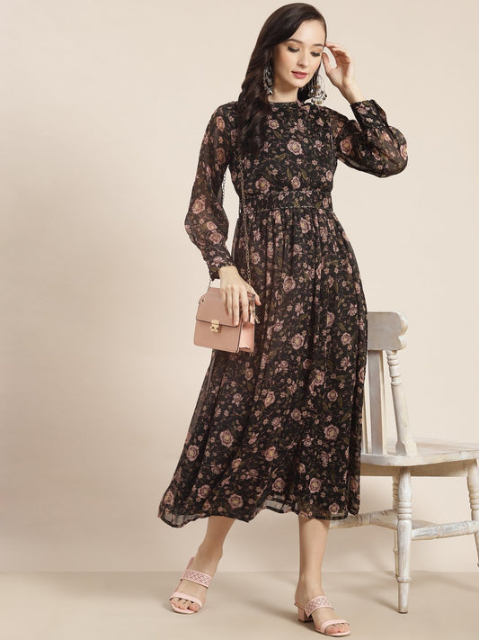 Women's Black Alphin Chiffon Flared Printed Dress With Tie-up Blet