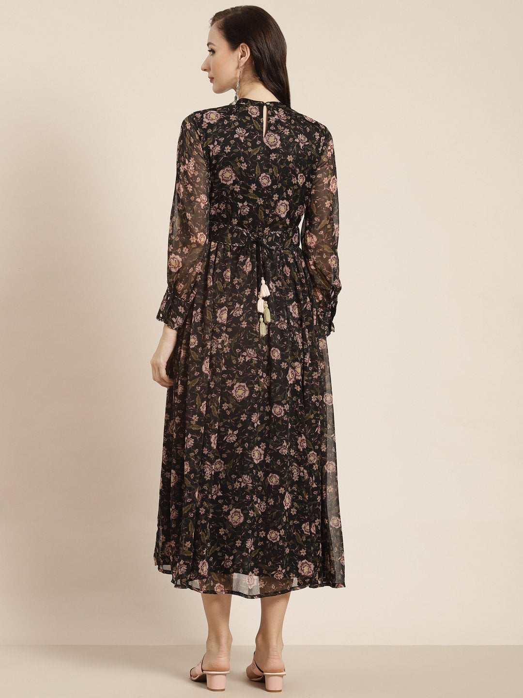 Women's Black Alphin Chiffon Flared Printed Dress With Tie-up Blet