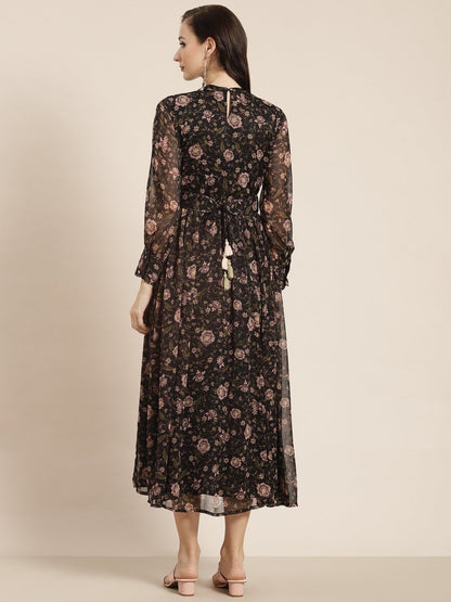 Women's Black Alphin Chiffon Flared Printed Dress With Tie-up Blet