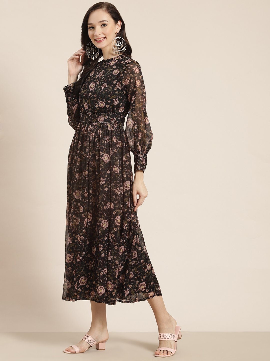 Women's Black Alphin Chiffon Flared Printed Dress With Tie-up Blet