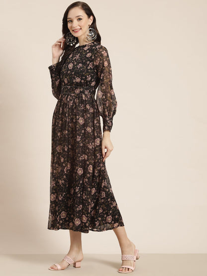 Women's Black Alphin Chiffon Flared Printed Dress With Tie-up Blet