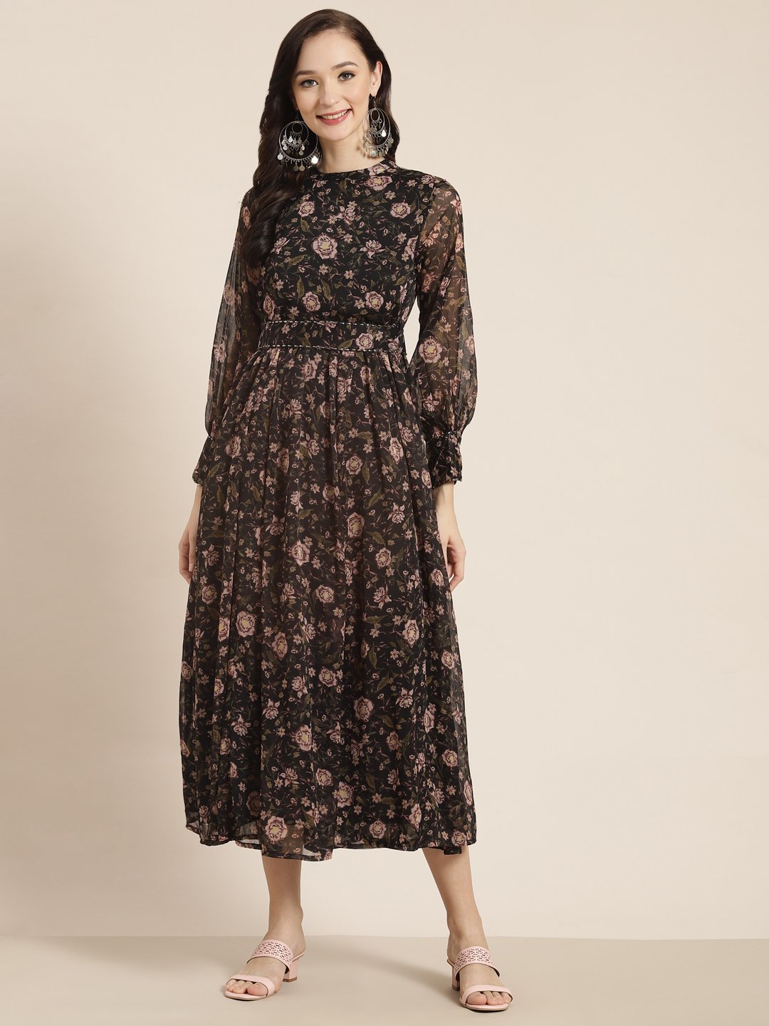 Women's Black Alphin Chiffon Flared Printed Dress With Tie-up Blet