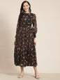 Women's Black Alphin Chiffon Flared Printed Dress With Tie-up Blet