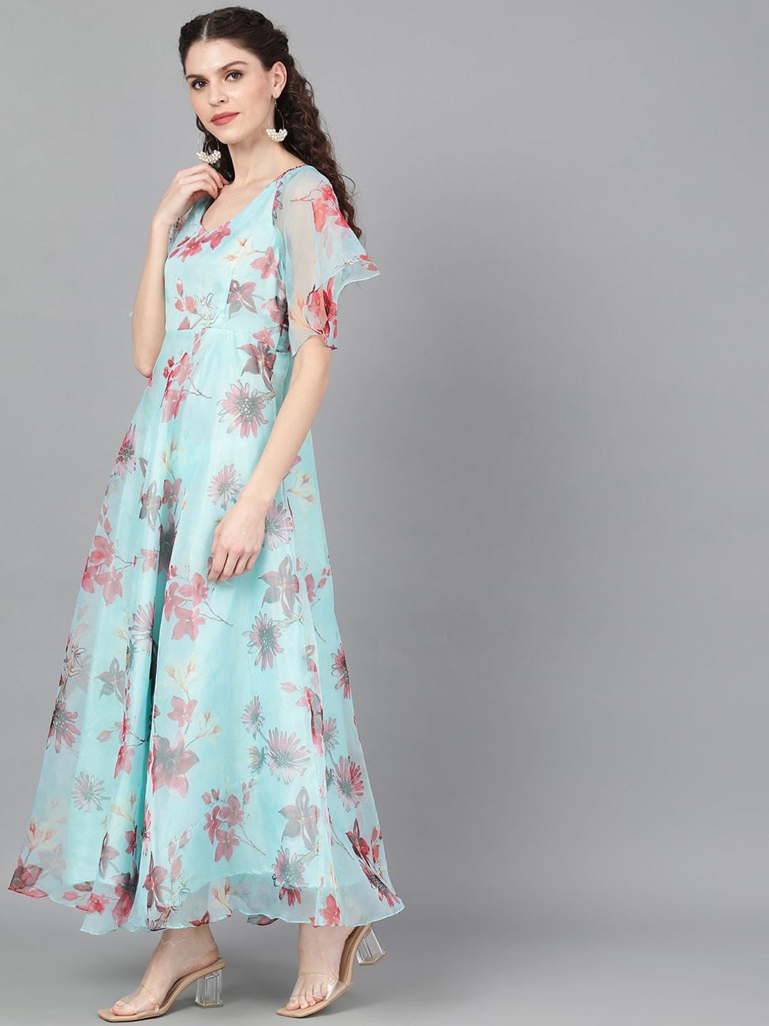Women's  Turquoise Blue & Pink Floral Printed Maxi Dress