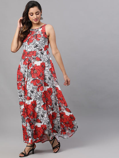 Women's  White& Red Floral Printed Maxi Dress