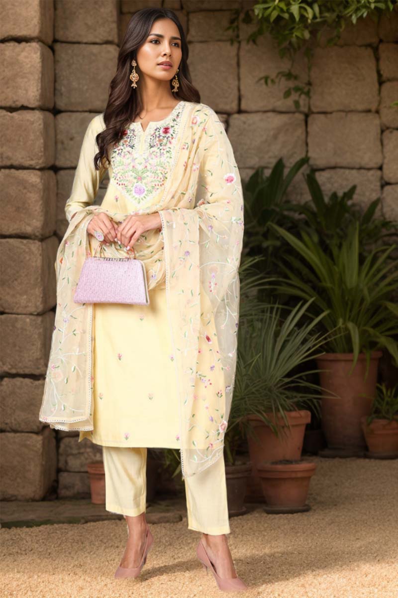 Women's Yellow Silk Blend Solid Embroidered Kurta Pant With Dupatta