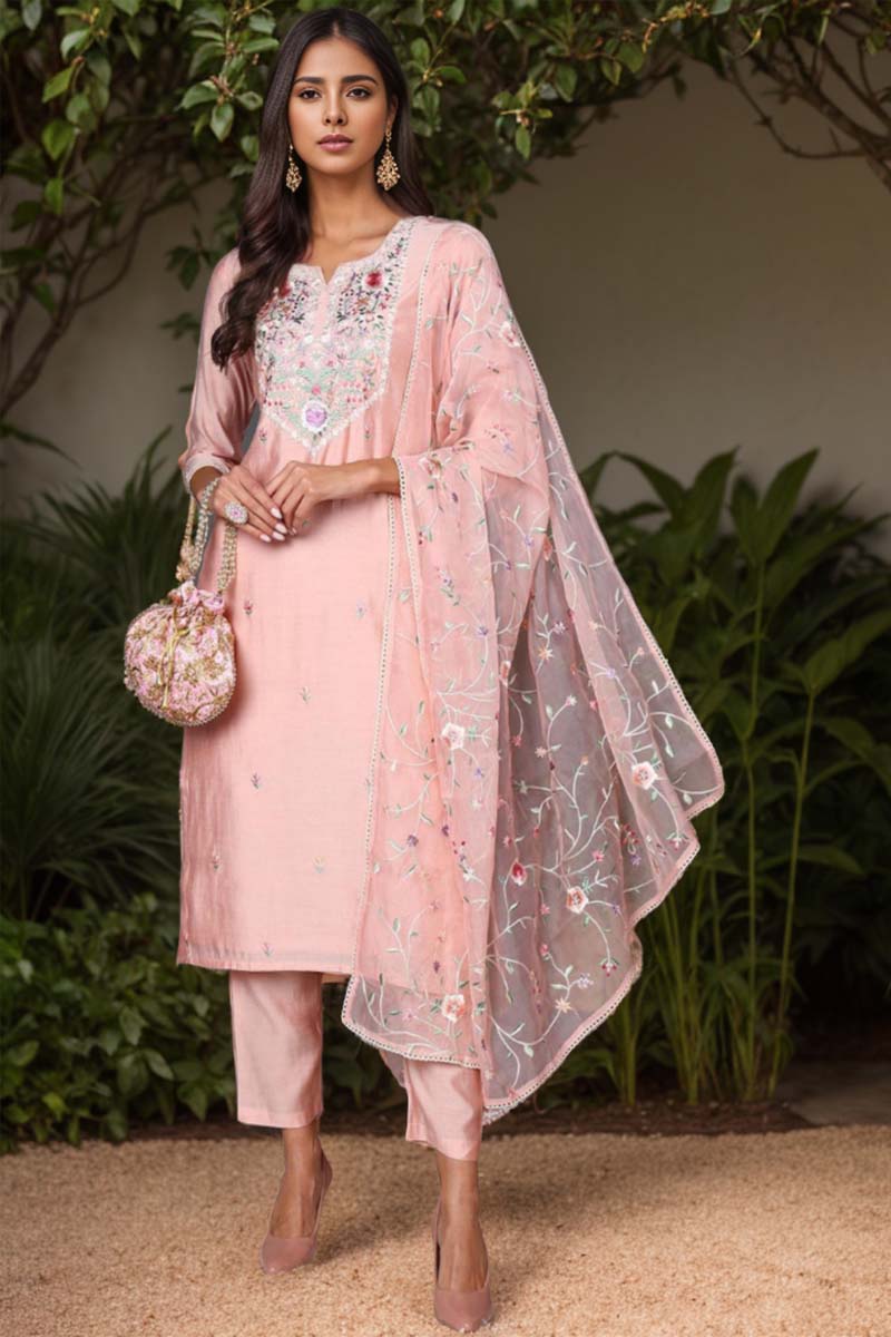 Women's Pink Silk Blend Solid Embroidered Kurta Pant With Dupatta