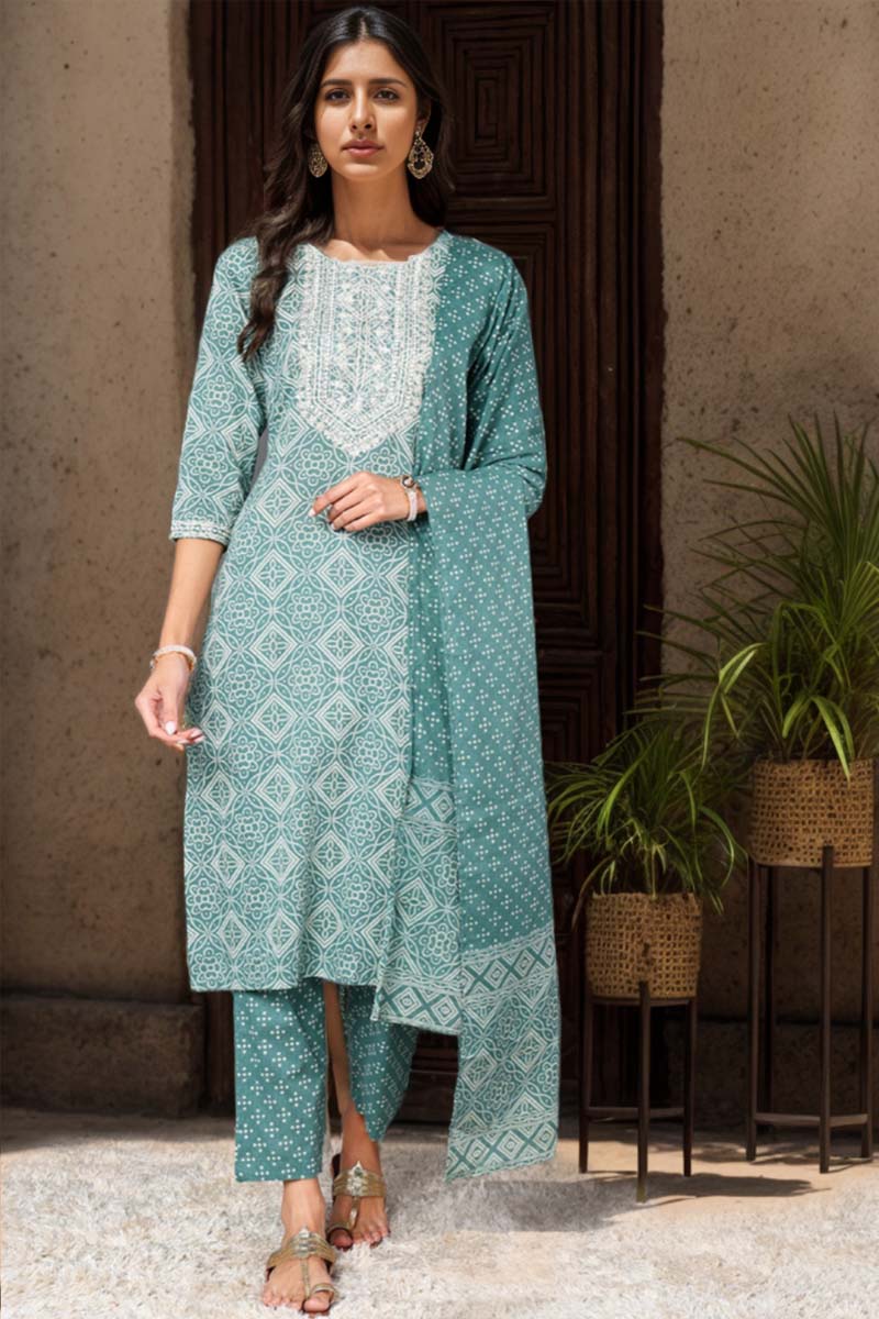 Women's Green Cotton Bandhani Printed Kurta Pant With Dupatta