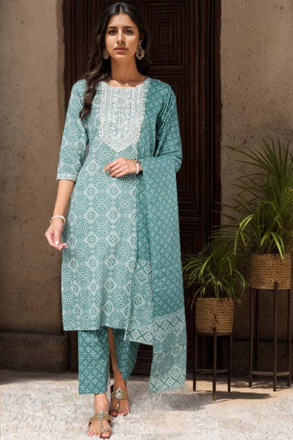 Women's Green Cotton Bandhani Printed Kurta Pant With Dupatta