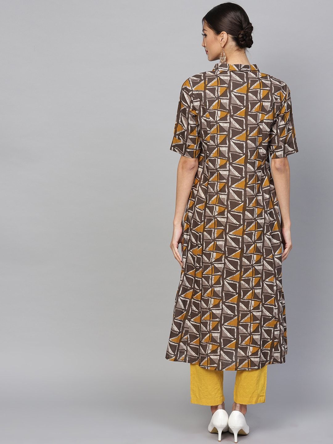 Women's  Taupe & Mustard Printed A-Line Kurta