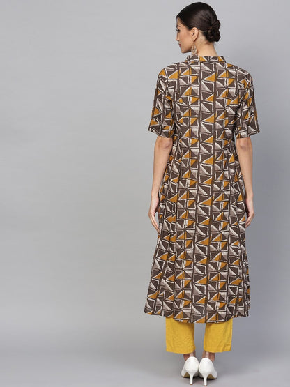 Women's  Taupe & Mustard Printed A-Line Kurta