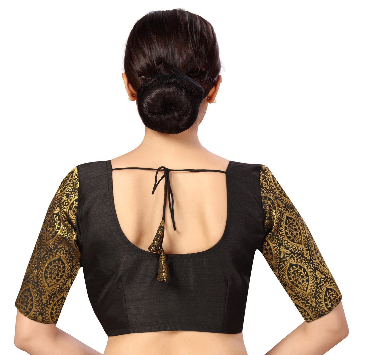 Women's s Elbow Length Sleeves Silky Saree Blouse with Brocade Sleeves.