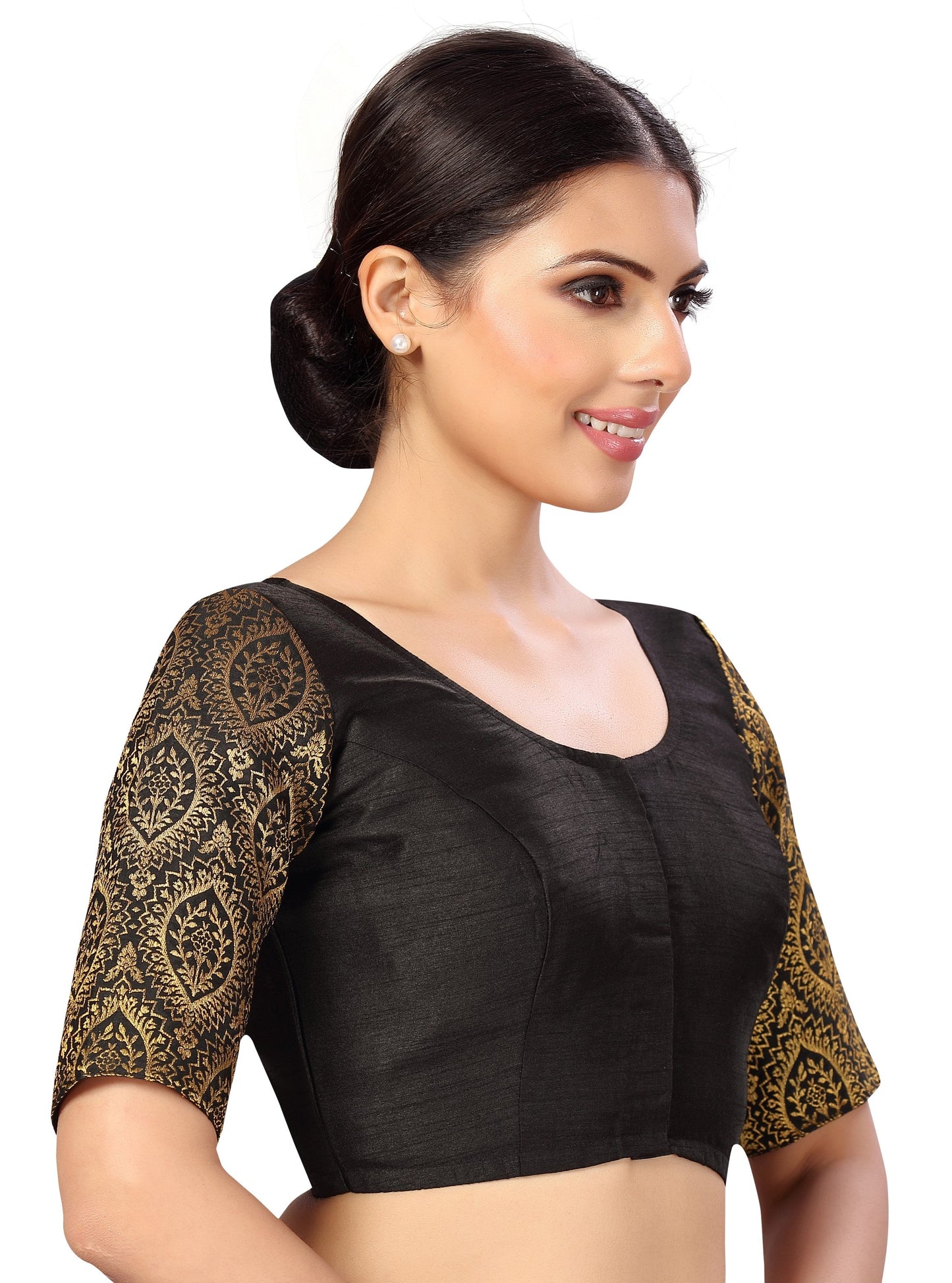 Women's s Elbow Length Sleeves Silky Saree Blouse with Brocade Sleeves.