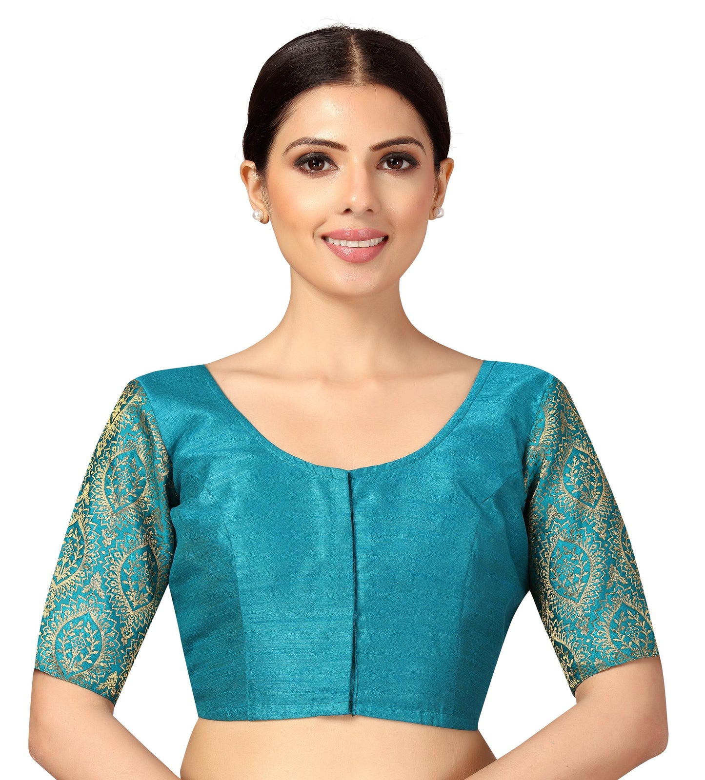 Women's s Elbow Length Sleeves Silky Saree Blouse with Brocade Sleeves.