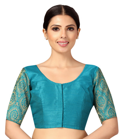 Women's s Elbow Length Sleeves Silky Saree Blouse with Brocade Sleeves.