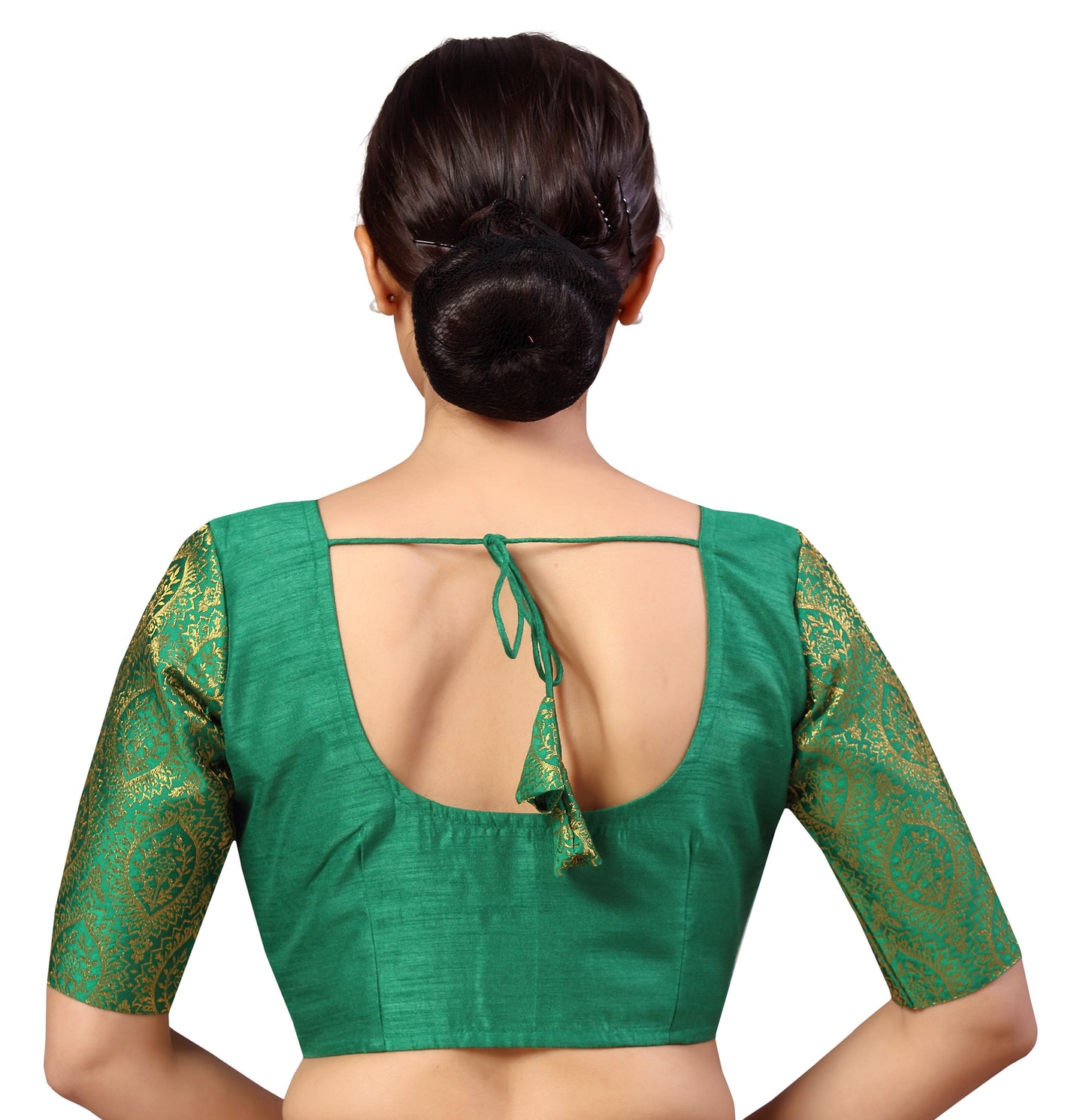 Women's s Elbow Length Sleeves Silky Saree Blouse with Brocade Sleeves.