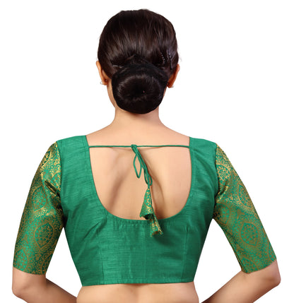 Women's s Elbow Length Sleeves Silky Saree Blouse with Brocade Sleeves.