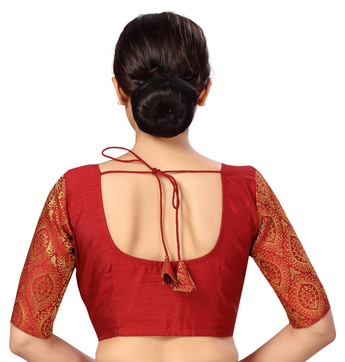 Women's s Elbow Length Sleeves Silky Saree Blouse with Brocade Sleeves.