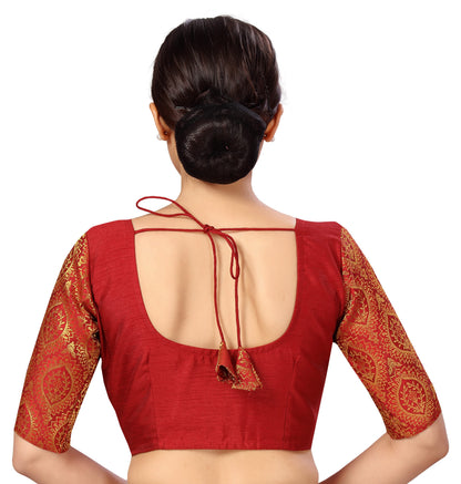 Women's s Elbow Length Sleeves Silky Saree Blouse with Brocade Sleeves.
