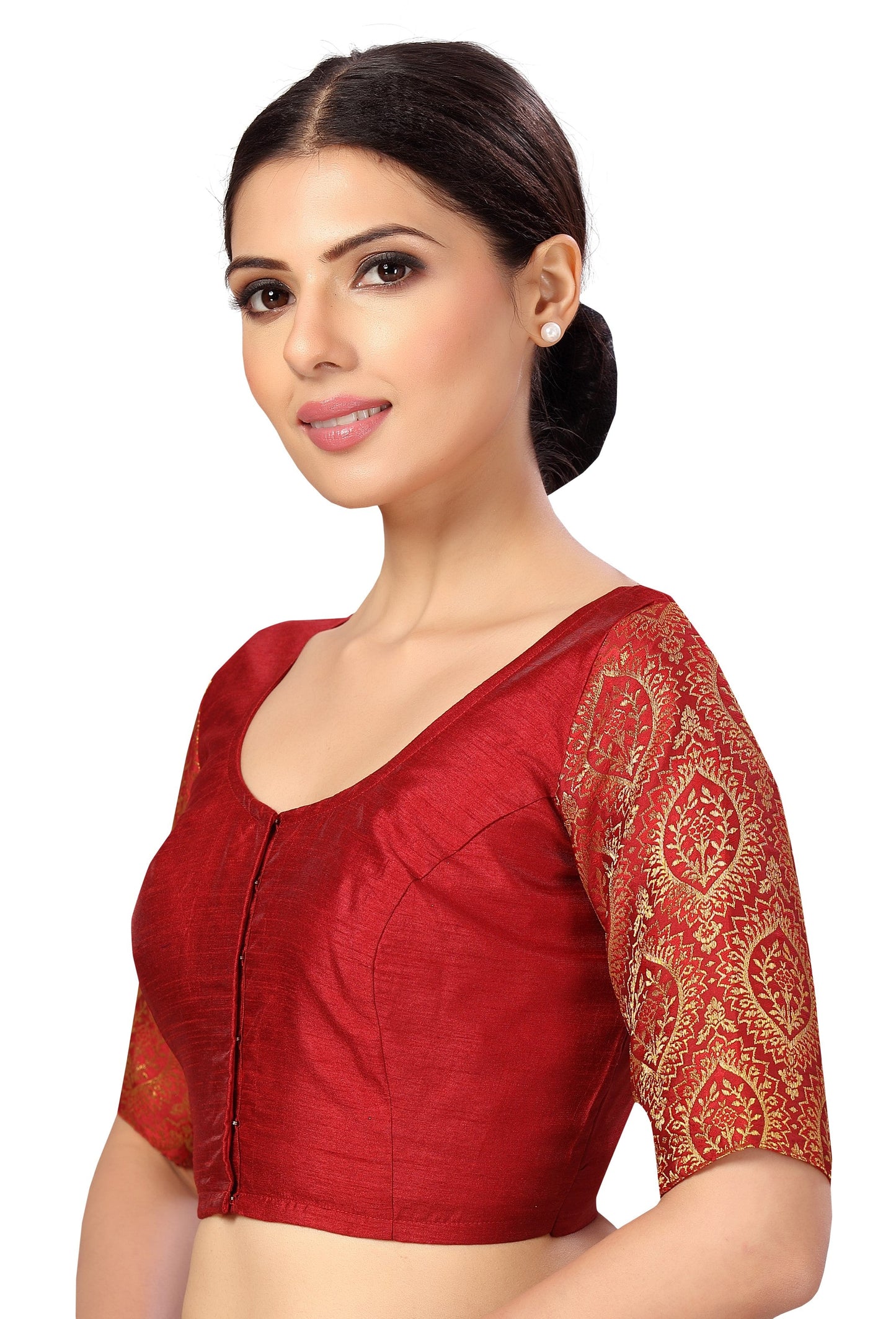 Women's s Elbow Length Sleeves Silky Saree Blouse with Brocade Sleeves.