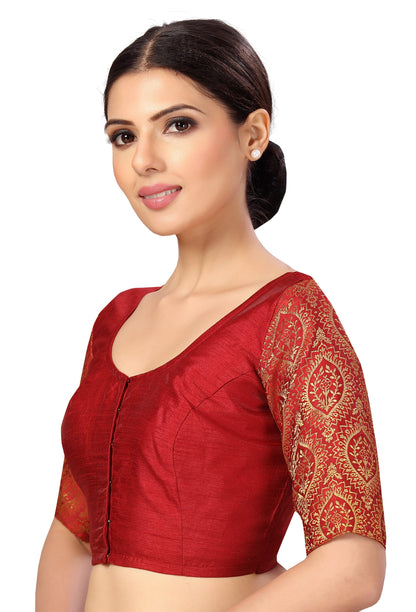 Women's s Elbow Length Sleeves Silky Saree Blouse with Brocade Sleeves.