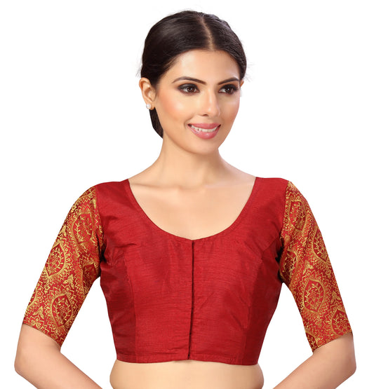 Women's s Elbow Length Sleeves Silky Saree Blouse with Brocade Sleeves.