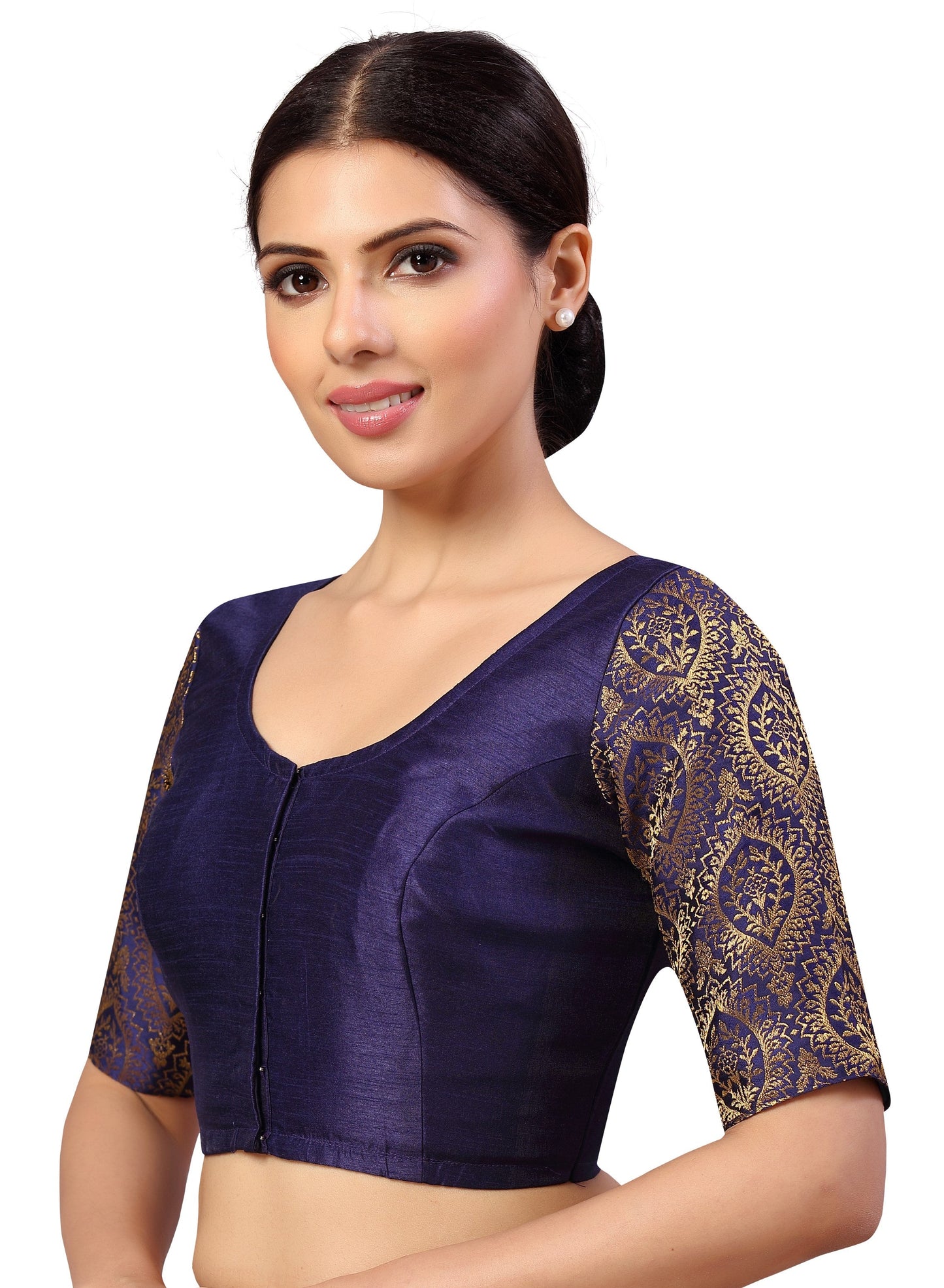Women's s Elbow Length Sleeves Silky Saree Blouse with Brocade Sleeves.
