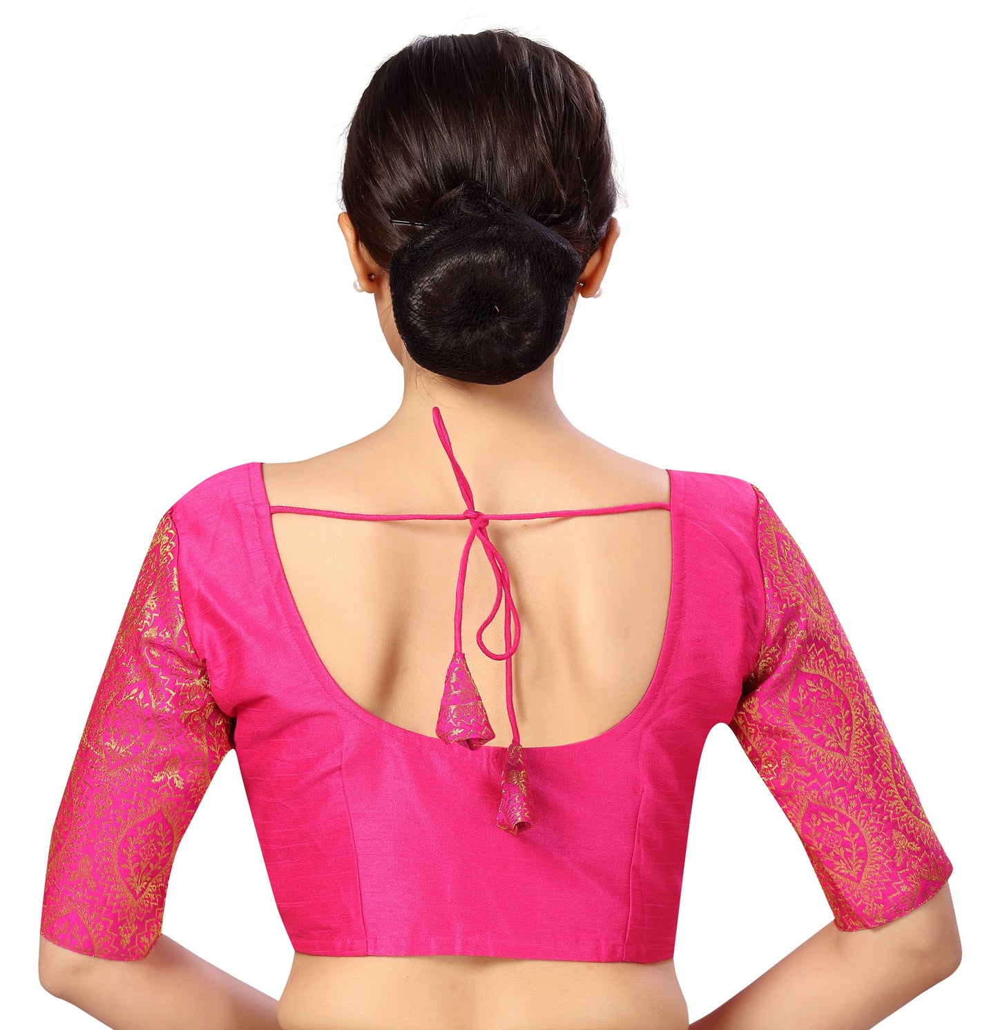 Women's s Elbow Length Sleeves Silky Saree Blouse with Brocade Sleeves.