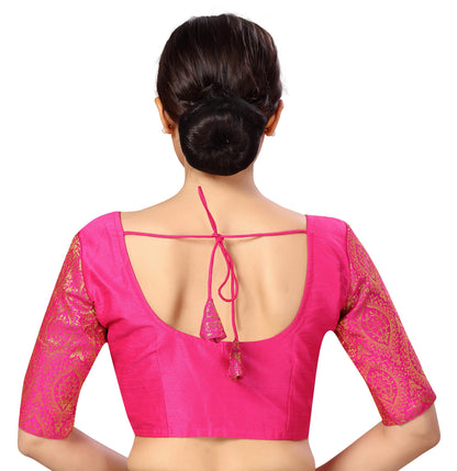 Women's s Elbow Length Sleeves Silky Saree Blouse with Brocade Sleeves.