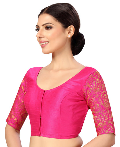 Women's s Elbow Length Sleeves Silky Saree Blouse with Brocade Sleeves.