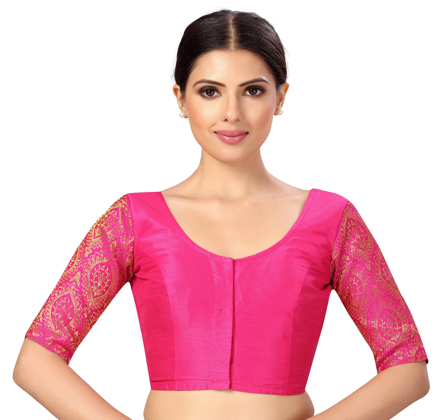 Women's s Elbow Length Sleeves Silky Saree Blouse with Brocade Sleeves.
