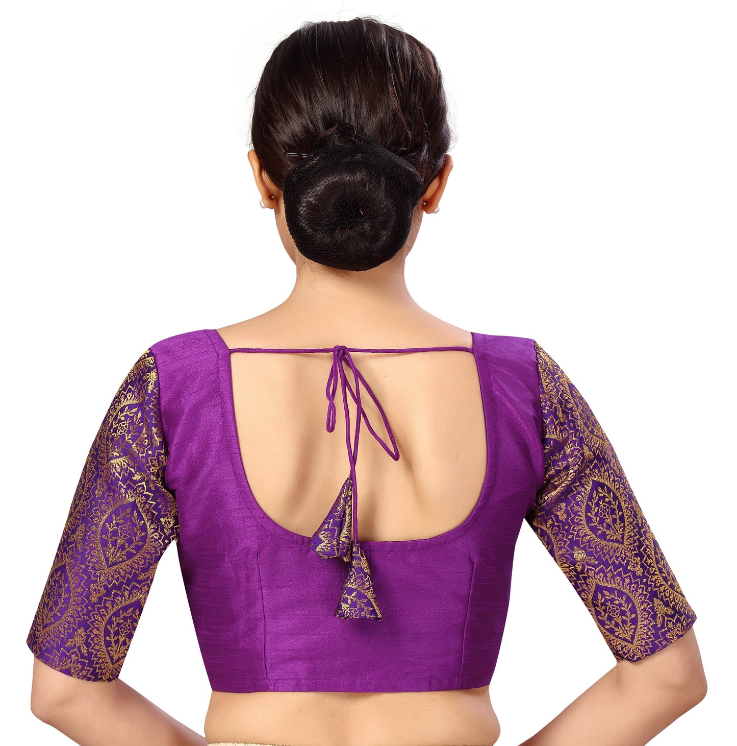 Women's s Elbow Length Sleeves Silky Saree Blouse with Brocade Sleeves.