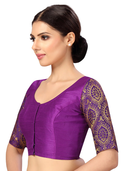 Women's s Elbow Length Sleeves Silky Saree Blouse with Brocade Sleeves.