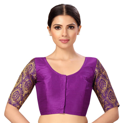 Women's s Elbow Length Sleeves Silky Saree Blouse with Brocade Sleeves.