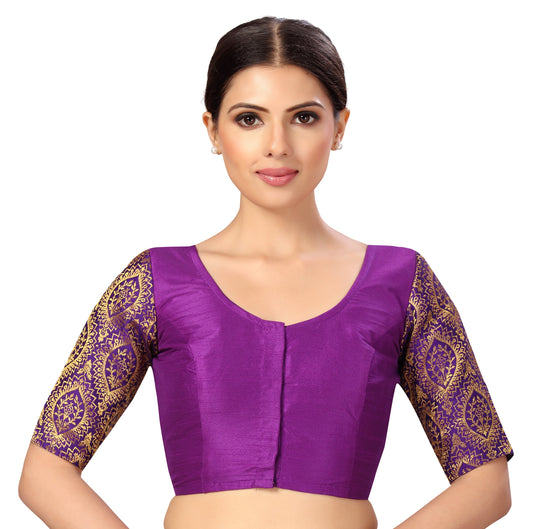 Women's s Elbow Length Sleeves Silky Saree Blouse with Brocade Sleeves.