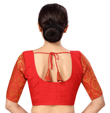 Women's s Elbow Length Sleeves Silky Saree Blouse with Brocade Sleeves.