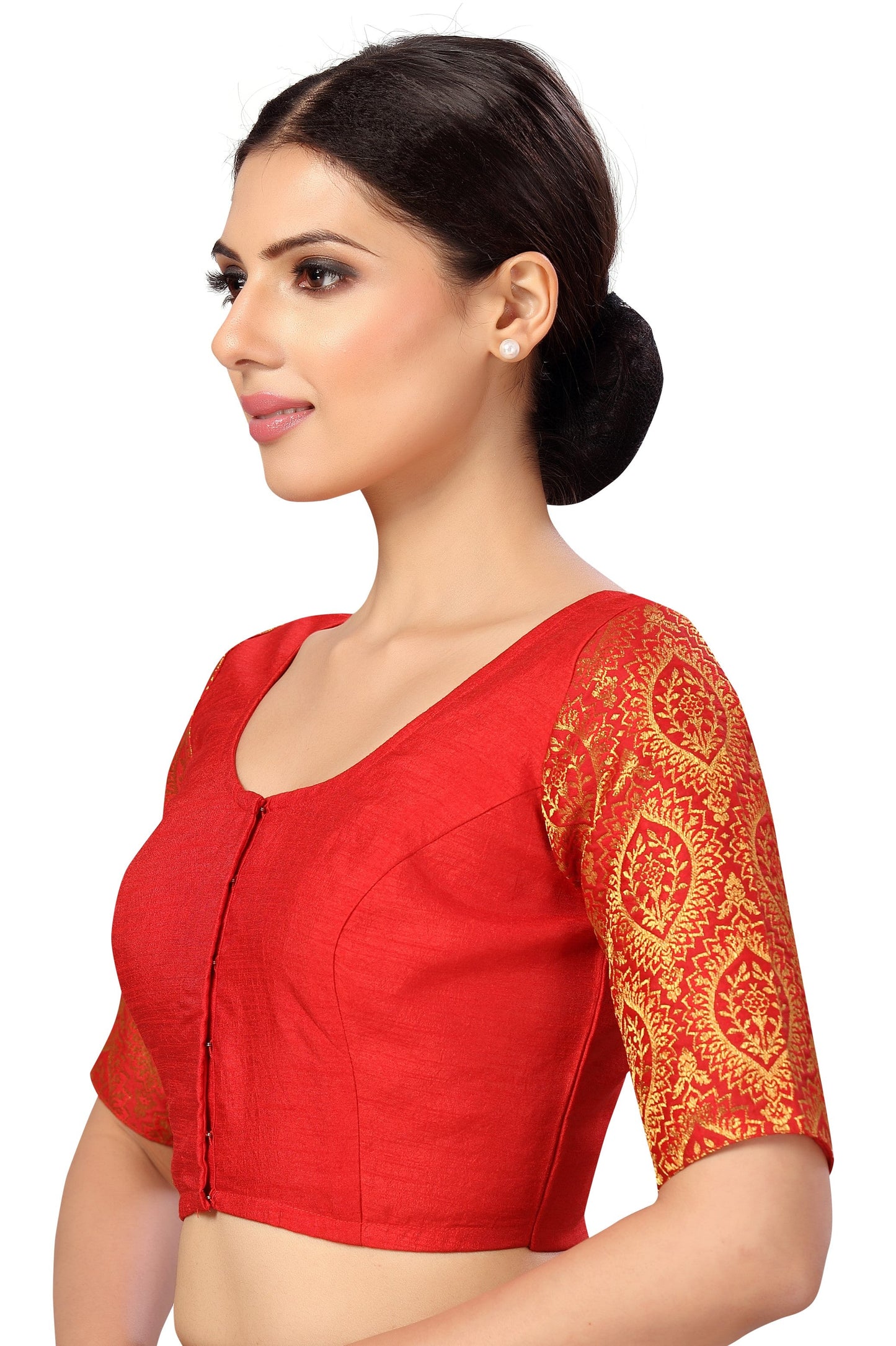 Women's s Elbow Length Sleeves Silky Saree Blouse with Brocade Sleeves.
