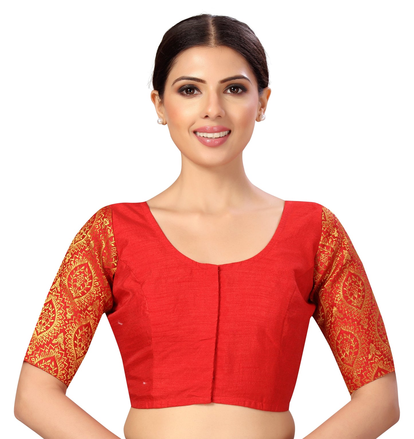 Women's s Elbow Length Sleeves Silky Saree Blouse with Brocade Sleeves.