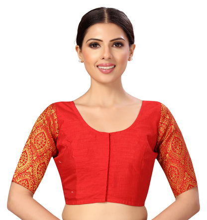 Women's s Elbow Length Sleeves Silky Saree Blouse with Brocade Sleeves.