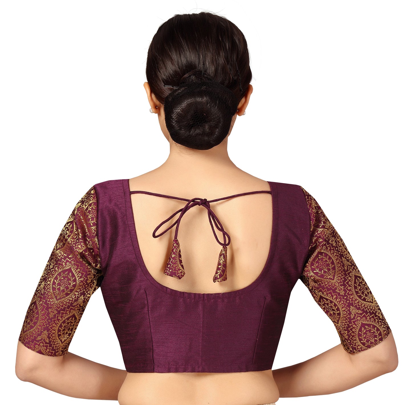 Women's s Elbow Length Sleeves Silky Saree Blouse with Brocade Sleeves.