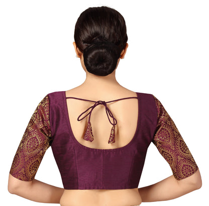 Women's s Elbow Length Sleeves Silky Saree Blouse with Brocade Sleeves.