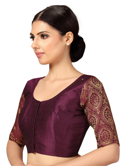 Women's s Elbow Length Sleeves Silky Saree Blouse with Brocade Sleeves.