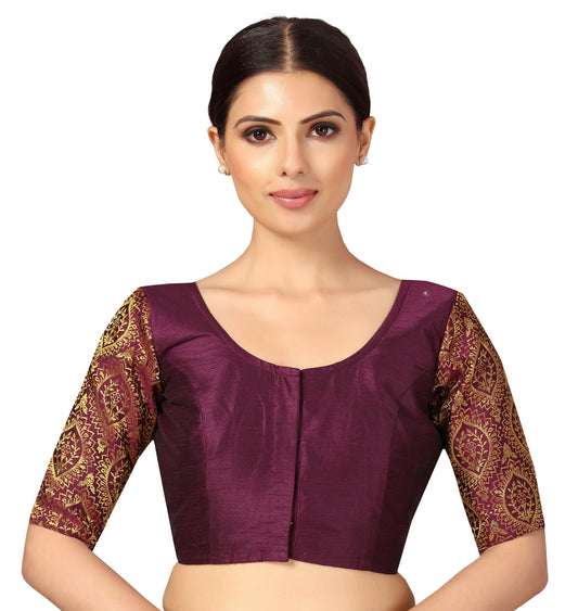 Women's s Elbow Length Sleeves Silky Saree Blouse with Brocade Sleeves.