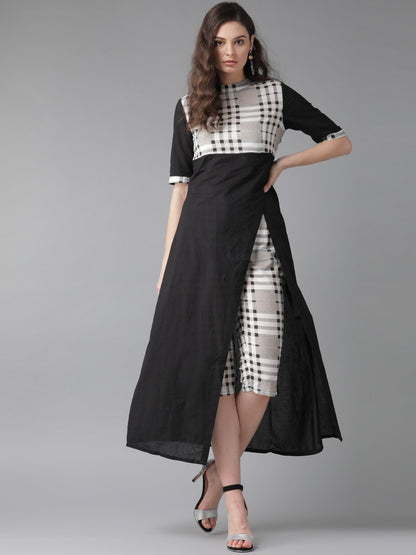 Women's  Black & White Yoke Design Kurta with Capri