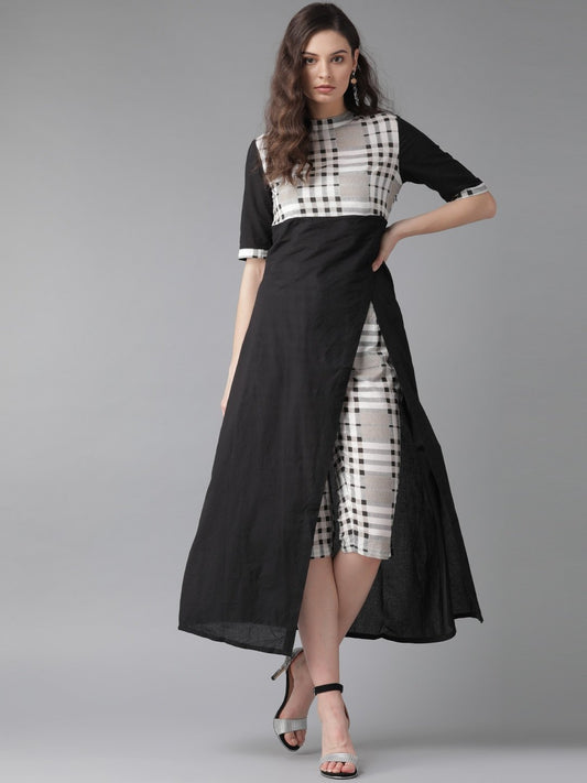 Women's  Black & White Yoke Design Kurta with Capri