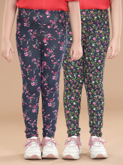 Girl's  Cotton Floral Printed Pack Of 2 Jeggings - S