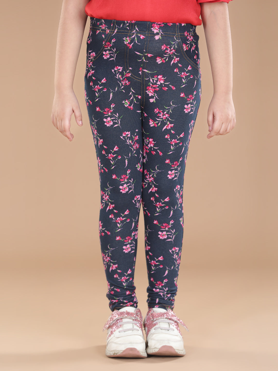 Girl's  Cotton Floral Printed Jegging And Pink Top Set - S