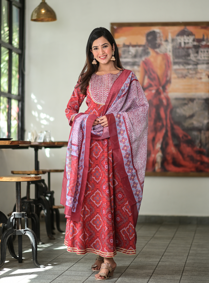 Women's Red Handblock Dupatta Set