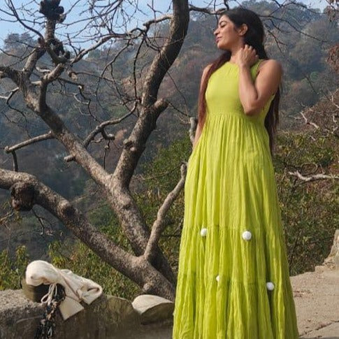 Women's Parrot Green Pompom Dress