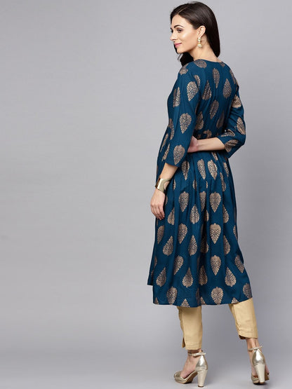 Women's  Teal Blue & Golden Printed A-Line Kurta